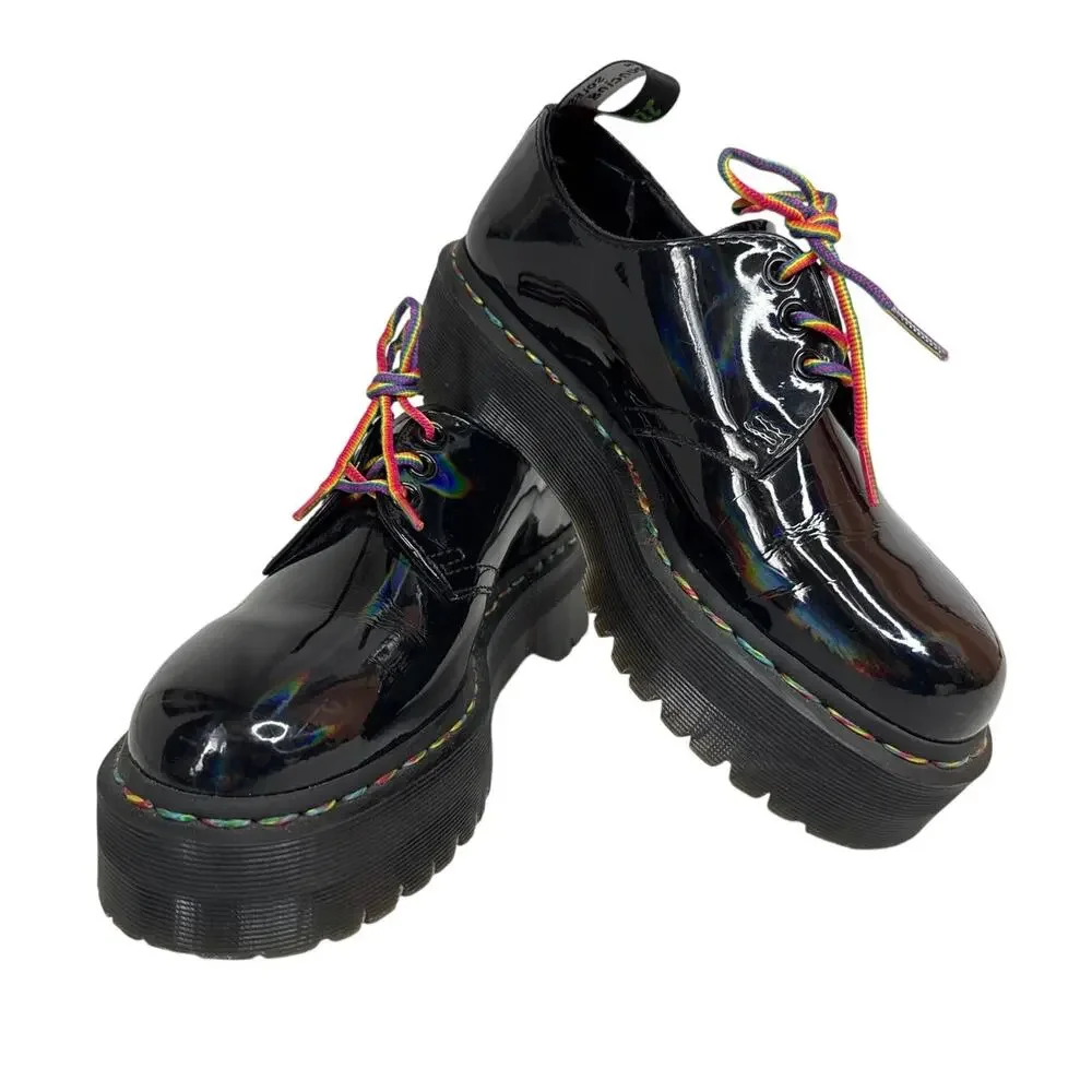 Dr. Martens 1461 Quad Rainbow Patent Platform Shoes black size 7 ladies 6 Men